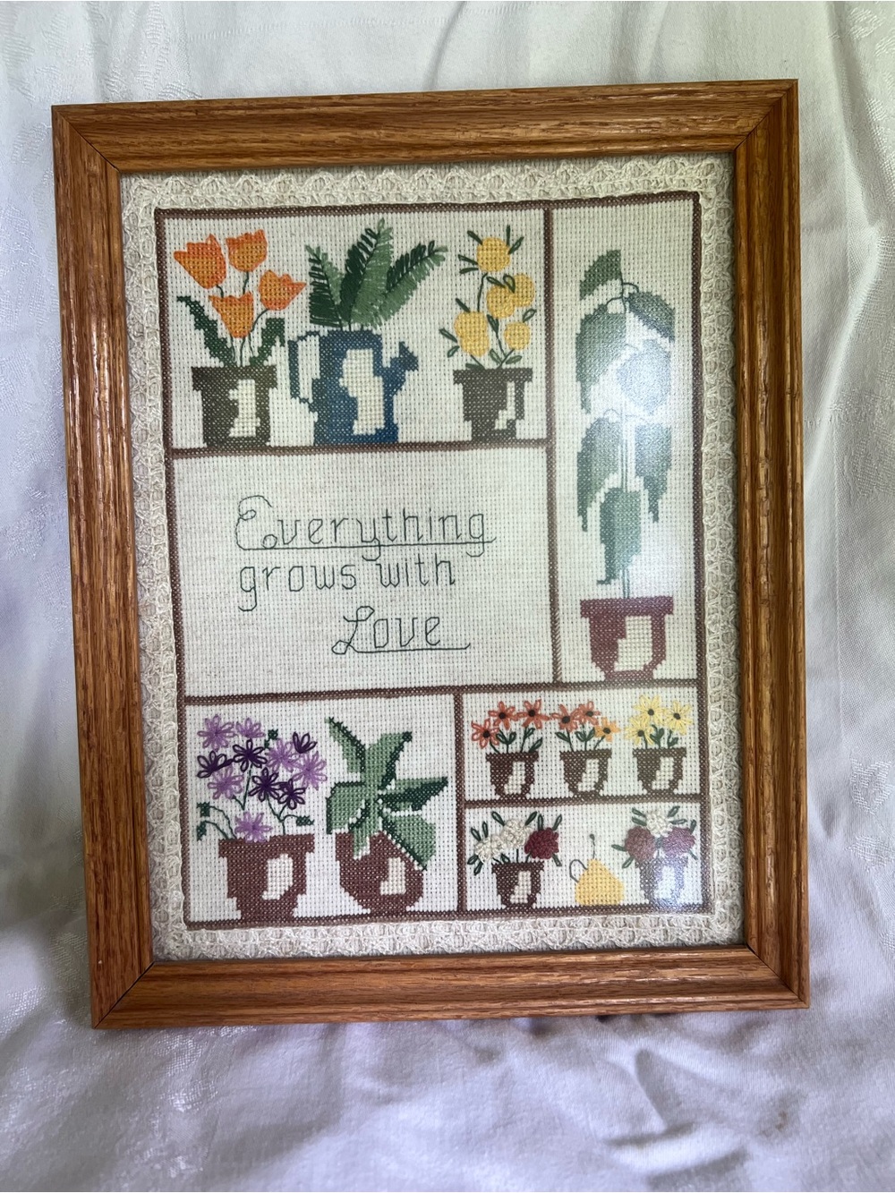 Framed Floral Cross-Stitch Wall Art - Brown Frame, Multicolor